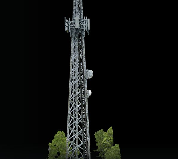 Photogrammetric 3D model of a telecommunications tower on a black background