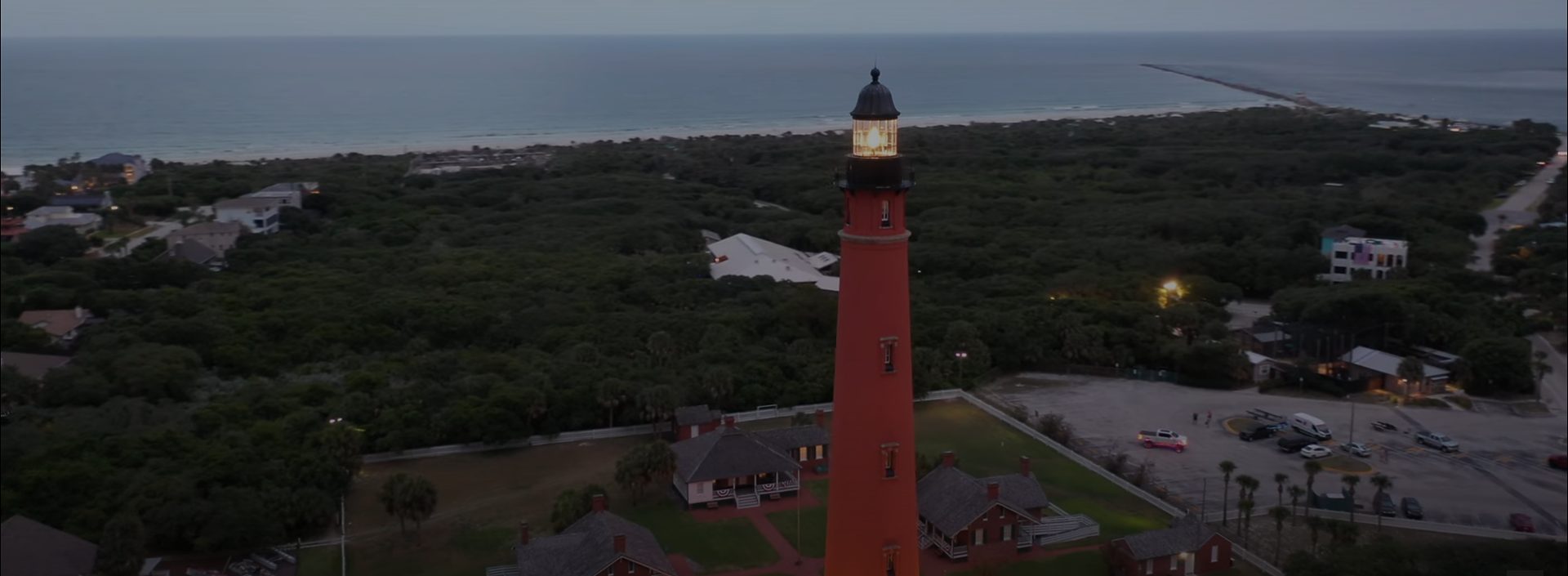 Aerial view of the Ponce de Leon Inlet lighthouse at dusk near Daytona Beach, Florida