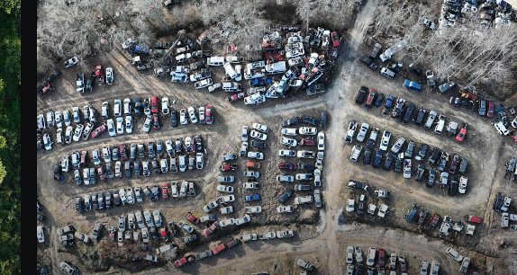 Aerial orthomosaic of a large vehicle storage and construction site