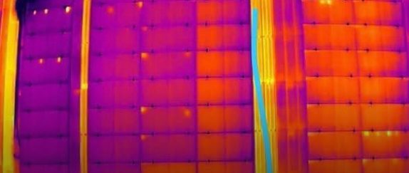 Radiometric thermal image of a solar array showing temperature variation